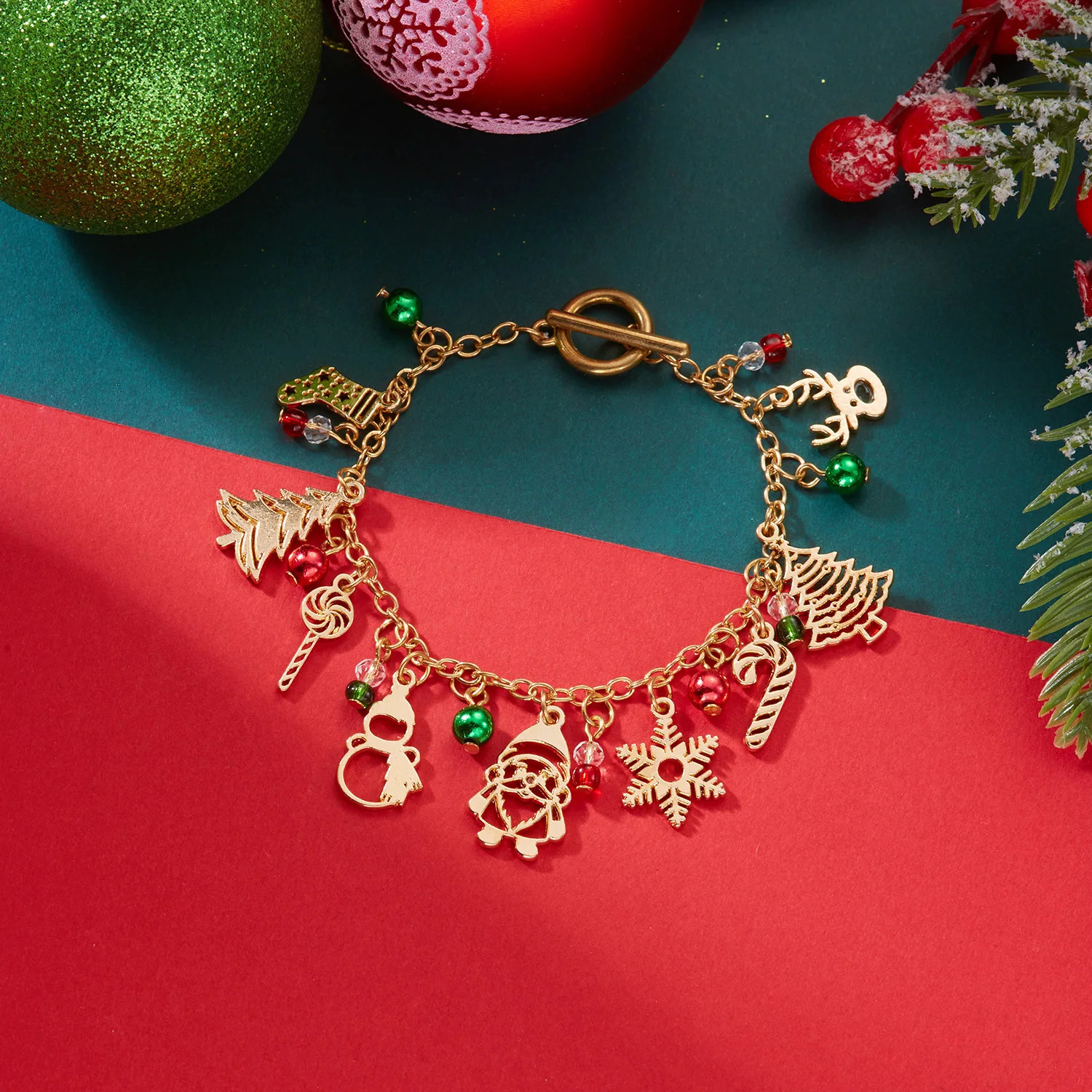 Christmas Colorful Crystal Beads Bracelet For Women Santa Claus Snowflake Tree Elk Snowman Pendant Bangle Year Party Jewelry 251103