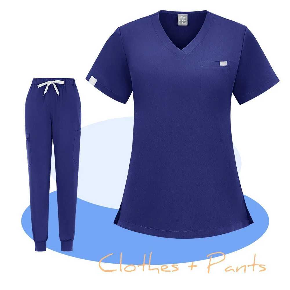 High Quty Fabric Nursing Scrubs Uniform Suit Short Slve V-neck Tops+Pants Sets Women Multicolor Pet Medical Workwear Nurse X250410