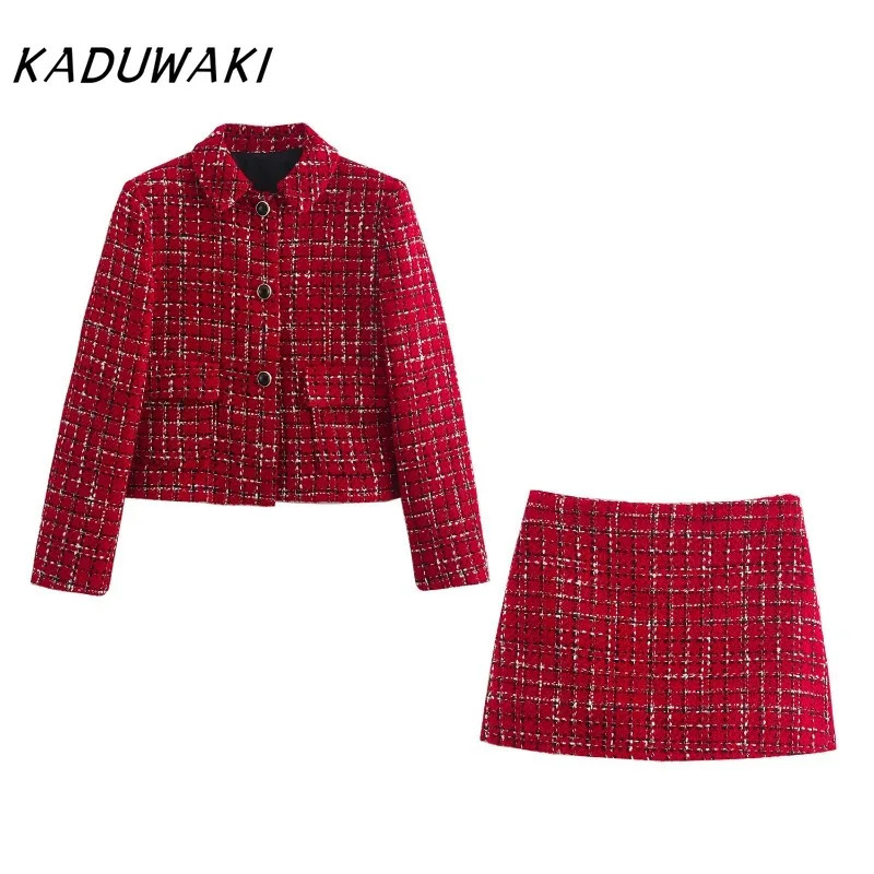 KADUWAKI Womens Tweed Jacket Skirts Autumn O-neck Long Sleeve Button Coat Elegant 2 Piece Set Women Sheath Mini Skirt Outfits 251106