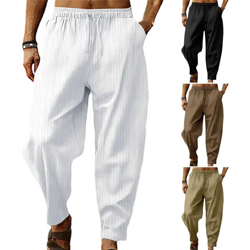 Mens solid color brushed elastic waist leggings wide leg stripes deep crotch loose soft breathable sports pantsXJ250410