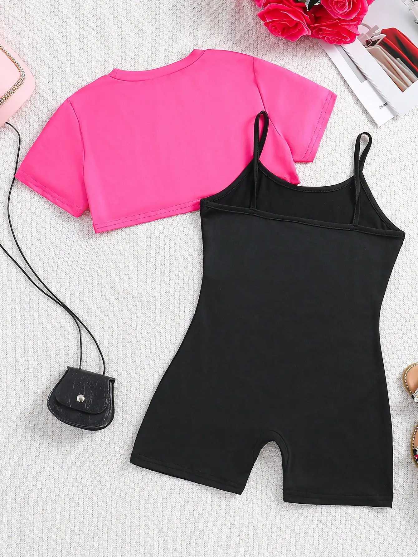 New summer street fashion two-piece set for girls aged 8-12+slim fitting jumpsuit+short sleeved sexy backless design T-shirt topXJ250410