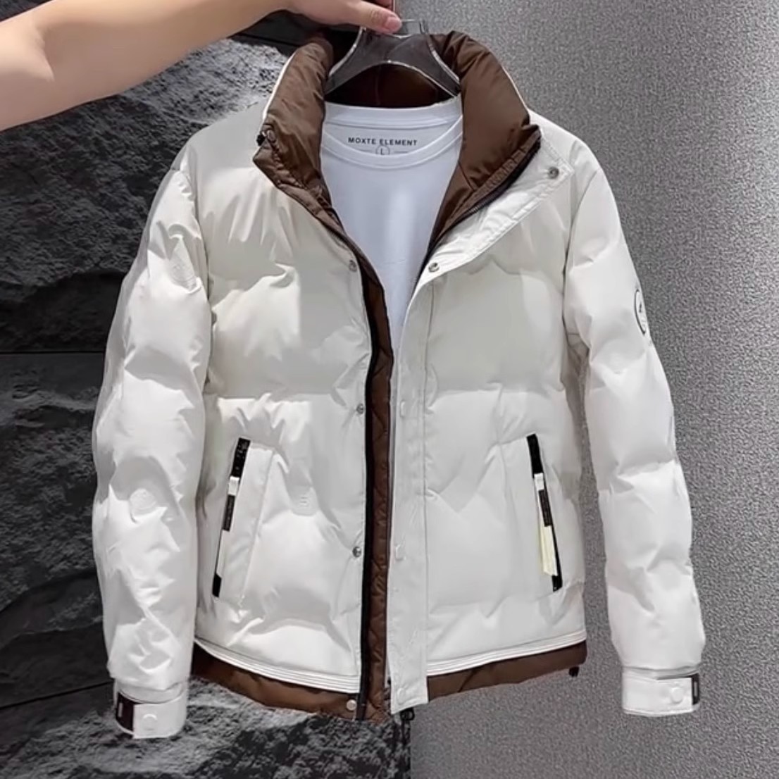 Men's stand-up collar down jacket winter fashion warm tooling style jacket multi-pocket design simple all-match casual top