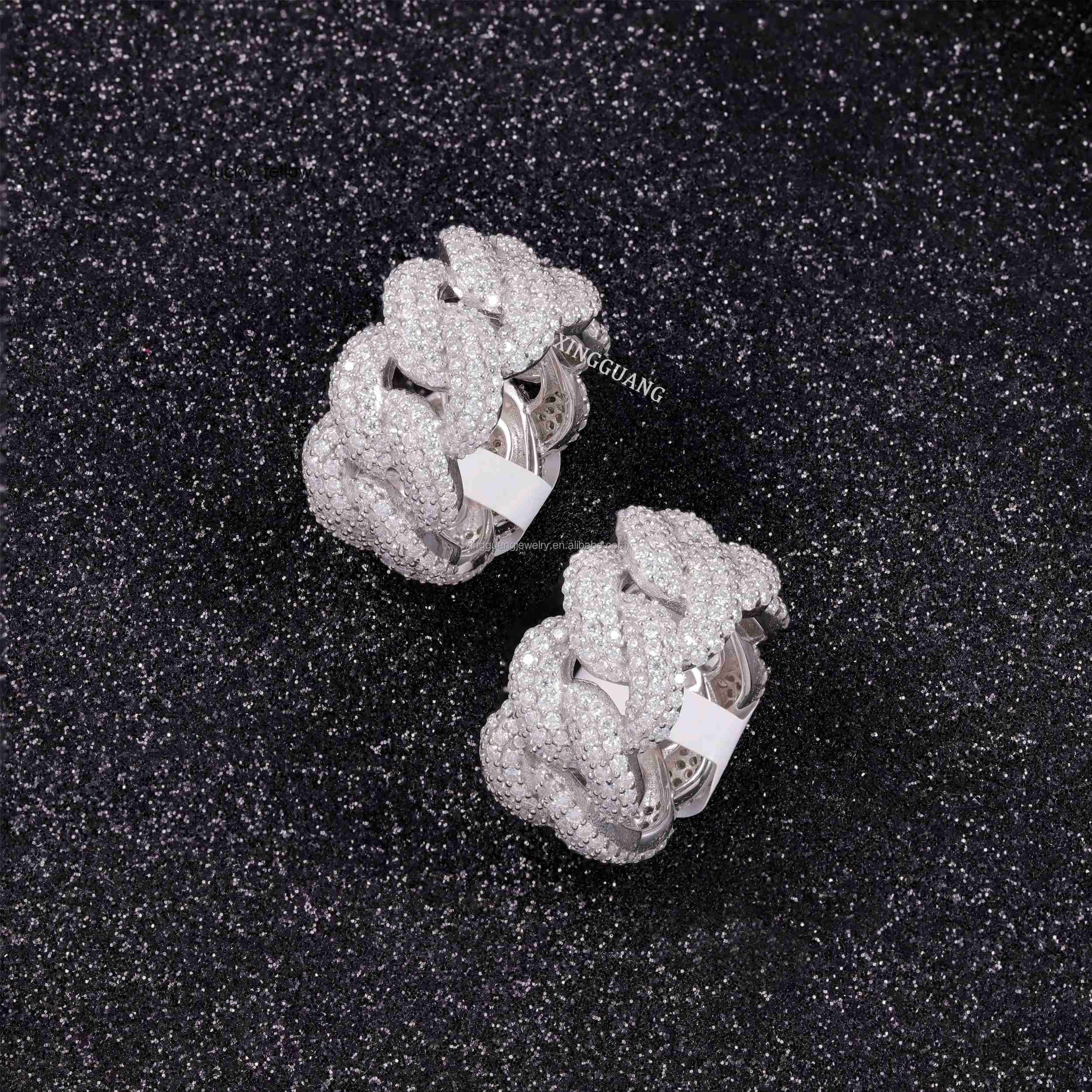 Hot Sale in Stock Iced Out Moissanite Cuban Ring Jewelry 925 Sterling Silver Men Hip Hop Ring VVS Moissanite Diamond Cuban Ring