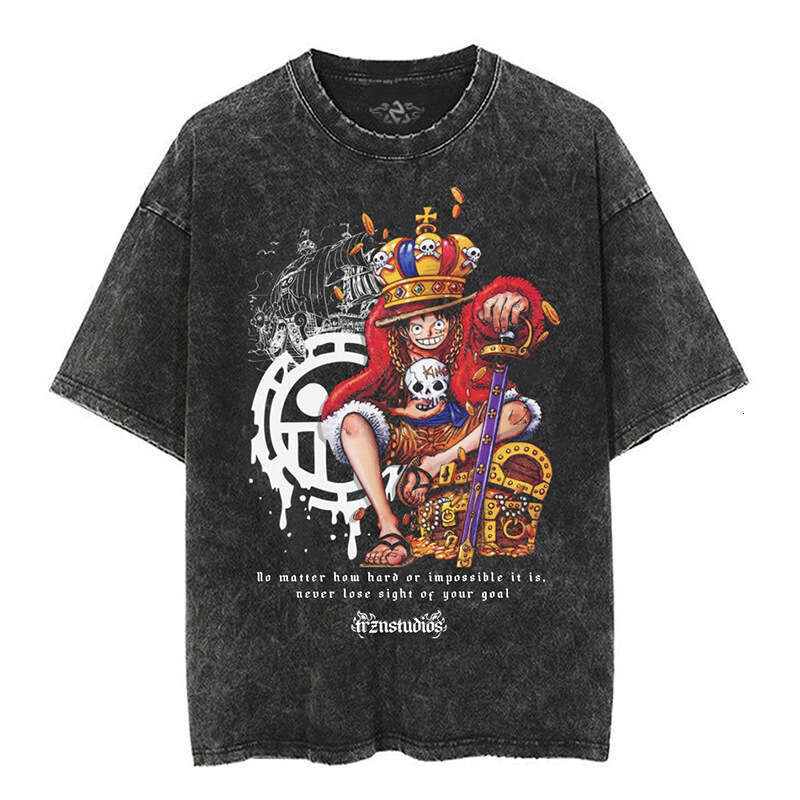 New Japanese classic One Piece Luffy anime oversize high street vintage washed wax printed short sleeved T-shirt