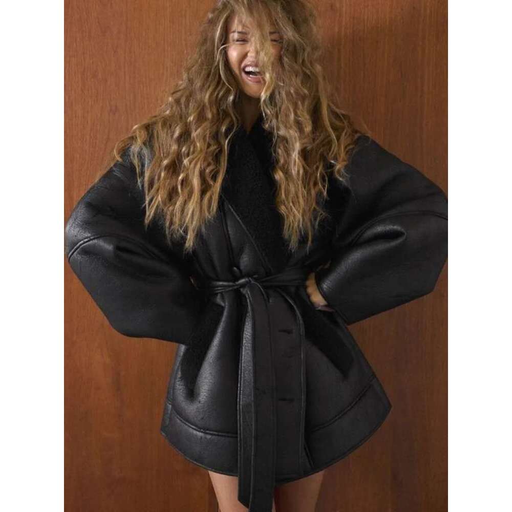Thick Plush Leather Outwear Coat Women Crocodile Pattern Single Breasted Belt Lapel 2024 Winter Chic Jacket Long Sleeve Overcoat