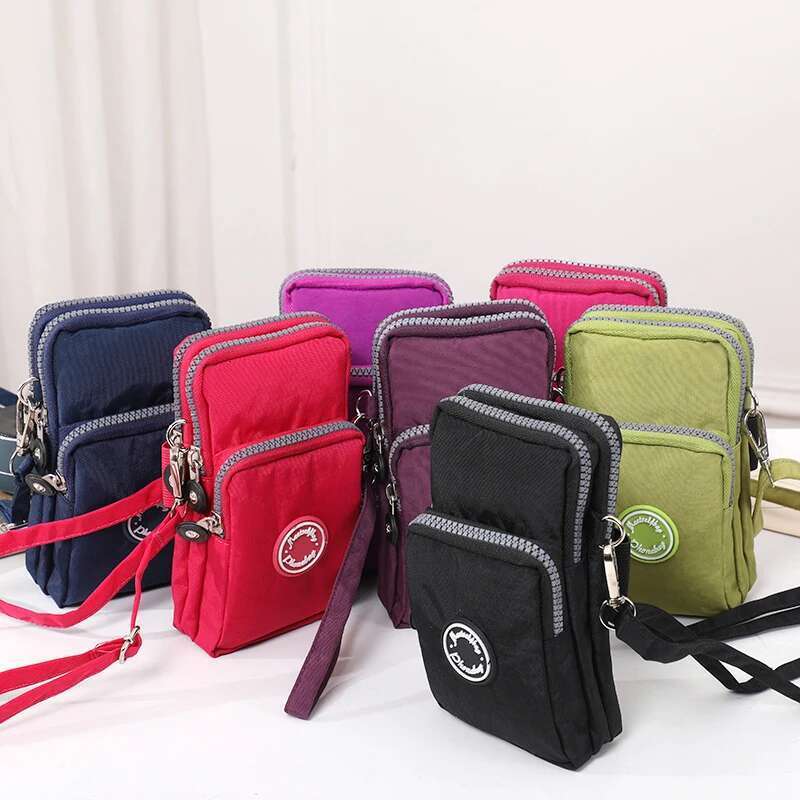 Multifunctional triple zipper nylon ladies hot crossbody portable daily running arm hundred shoulder cell phone bag