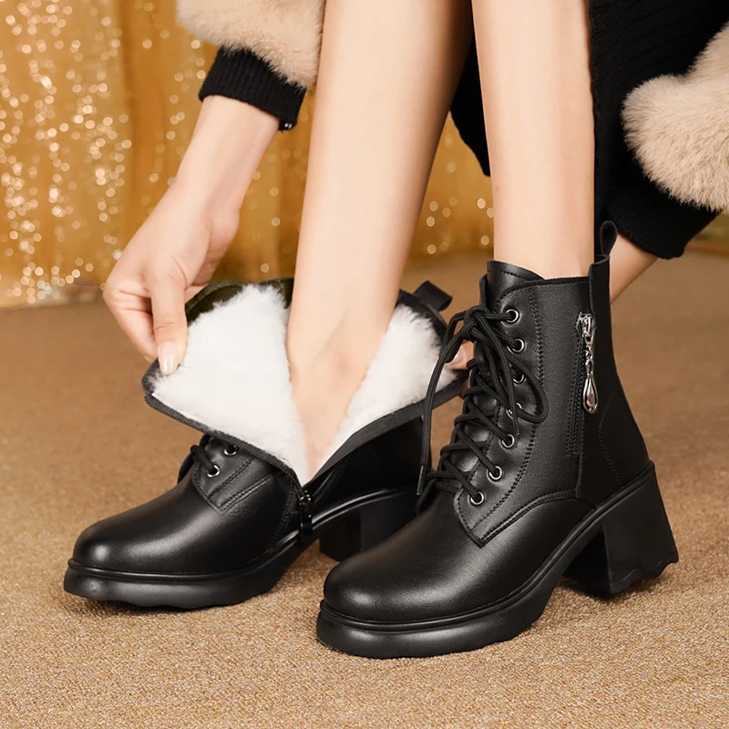 AIYUQI Womens Winter Boots Genuine Leather 2025 Natural Wool Warm Women Snow High Heel Large Size Ankle 251103