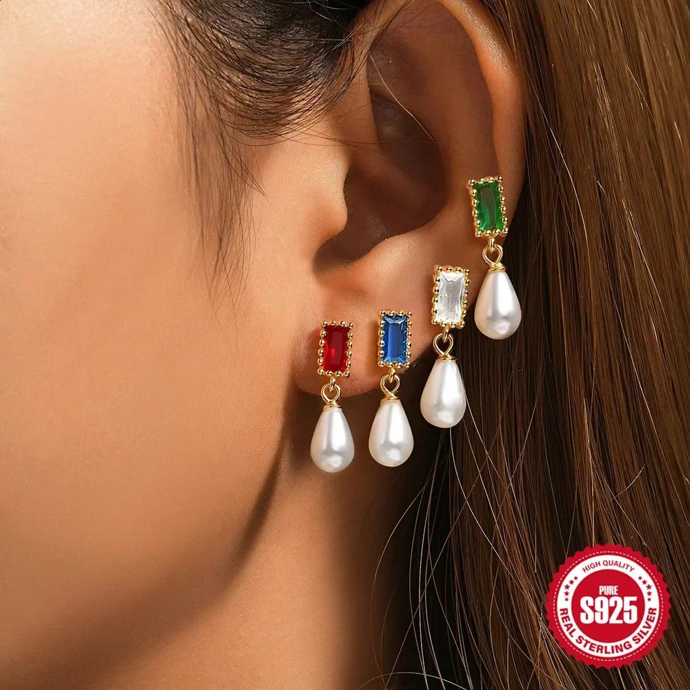 ESO 925 sterling silver simple temperature pearl zircon earrings womens colorful crystal earrings exquisite jewelry 250409