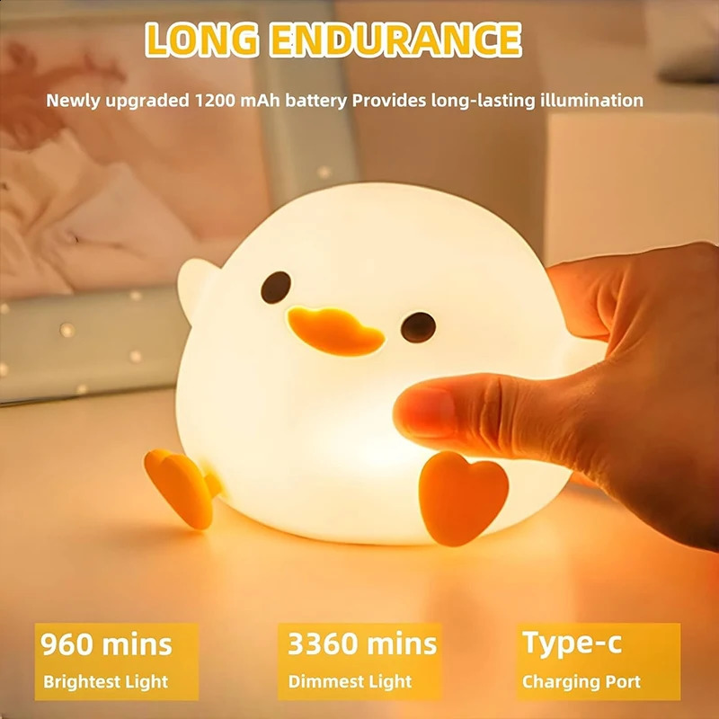 DoDo Duck Night Light Cute Duck Lamp Rechargeable Dimmable Nightlight Silicone LED Bedside Lamp Nursery Touch-Sensitive 250410