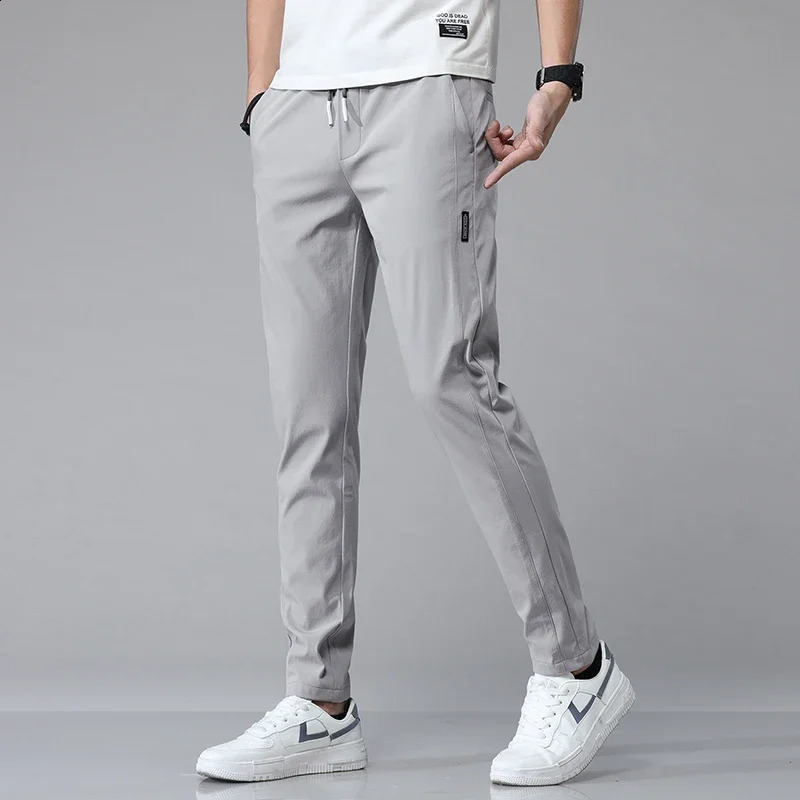 Summer Mens Pants Black Grey Ice Silk Thin Business Casual Outdoor Elastic Breathable Straight Leg Sports 250411Z
