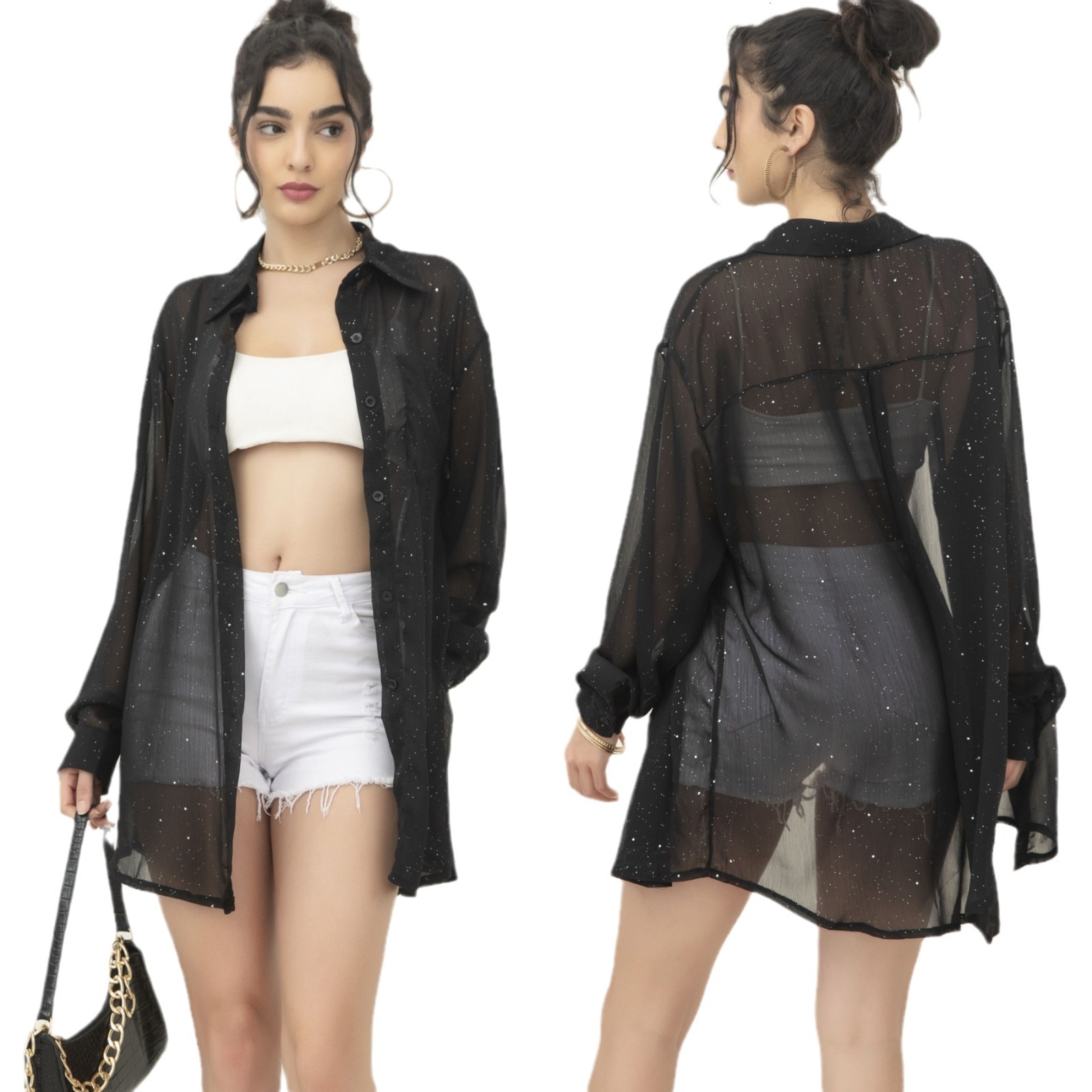 2025 women's fashion long sleeved thin collar sequined casual shirt