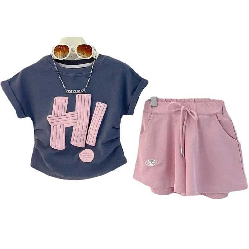 Girls clothing set 2024 summer childrens short sleeved set teenage girls letter T-shirt shorts sportswear setXJ250410