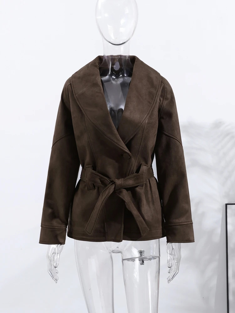 Autumn Belt Suede Jackets Women Lapel Long Sleeve One Button Lace Up Jacket Vintage Brown Loose Lady Outerwears Street 251106
