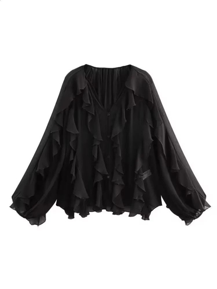 TRZA Womens Fashion Ruffle Half Wool Vneck Long Sleeve Button Shirt Top 250411