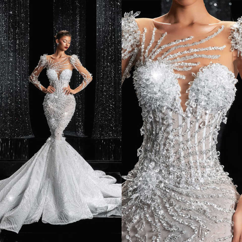 Luxurious Rhinestone Wedding Dress Women Beaded Sequined Lace Mermaid Bride Dresses Customized Long Sleeve Bridal Gown