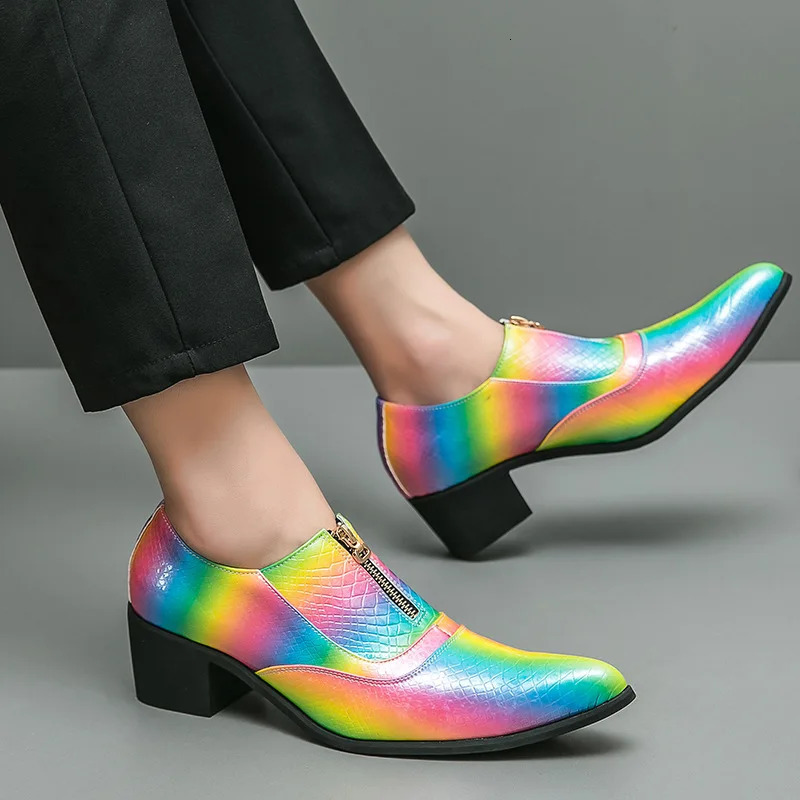 Colorful Mens High Heel Shoes Pattern Leather Shoes Men Dress Shoes Pointed Party Wedding Oxfords 251106