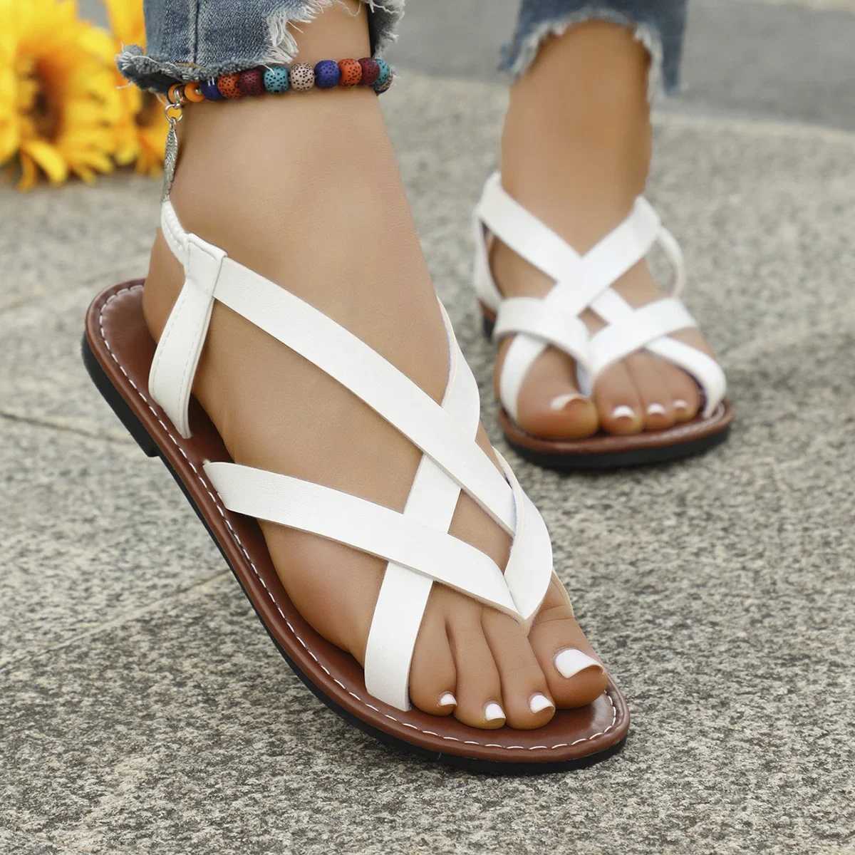 Womens Sandals 2024 Summer New Womens Flat Roman Sandals with N-Smooth Rubber Sole Fi Womens Daily SandalsXJ250410