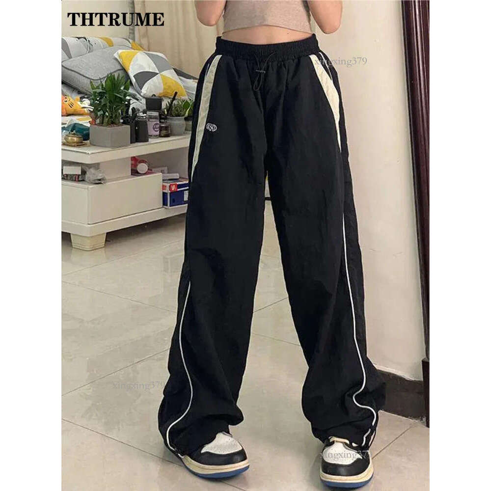 High Street Vintage Pant Fashion Women Oversized Elastic Waist Pocket Y2K Wide Leg Pants Casual Streetwear Baggy Trousers 240821