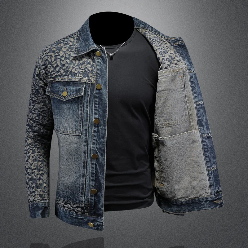 High quality jacquard spliced denim jacket for mens casual business social street clothing 250411