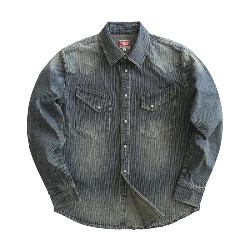 Sauce Zhan Heritage Stripe Western Heavyweight Distress Denim Shirt Autumn Mens Casual Long Sleeve Regular Fit 250411