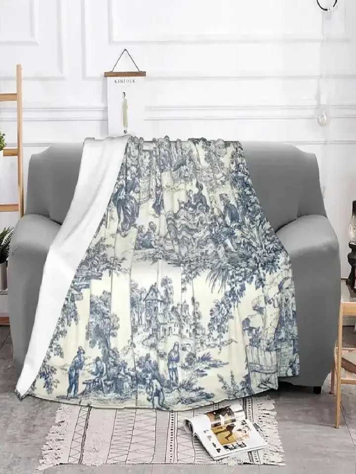 Toile De Jouy Number UltraSoft Fleece Throw Blanket Flannel French Navy Blue Motif Bed Couch Cover C251111