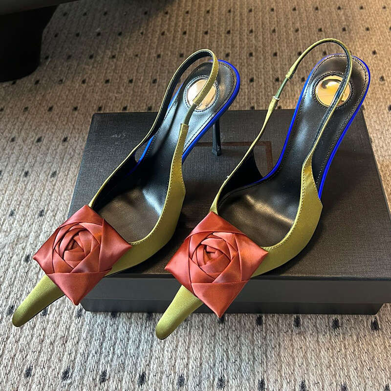 Satin Flower decoration Pumps Evening shoes stiletto Heels sandals Almond Shaped Toes women heeled Luxury Designers Slingbacks strap Dress shoe with bag