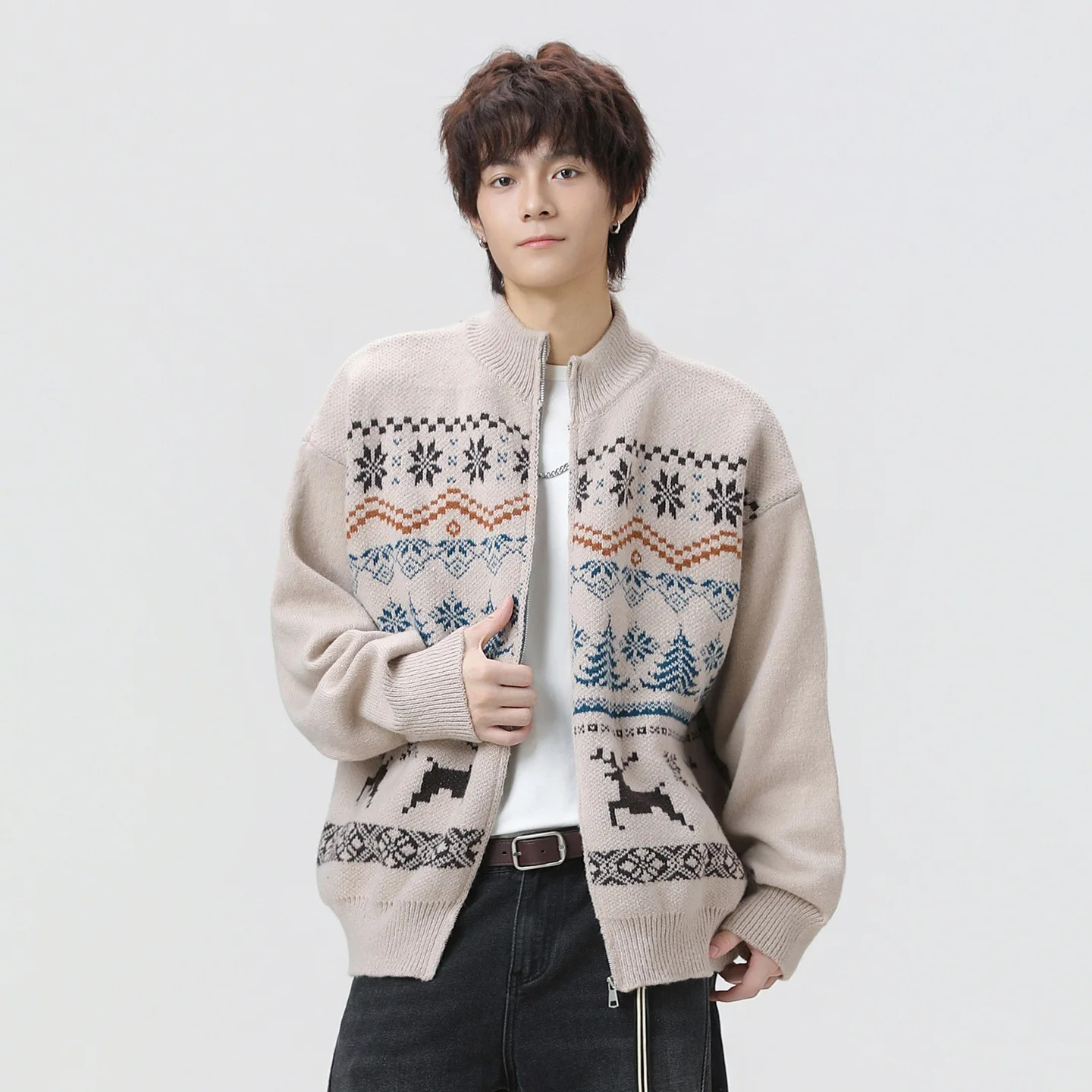 Fair Isle Zip Cardigan Mens Textured Jacquard Knit Sweater Retro Stand Collar Pullover Unisex Christmas Gift For Autumn Winter 251030