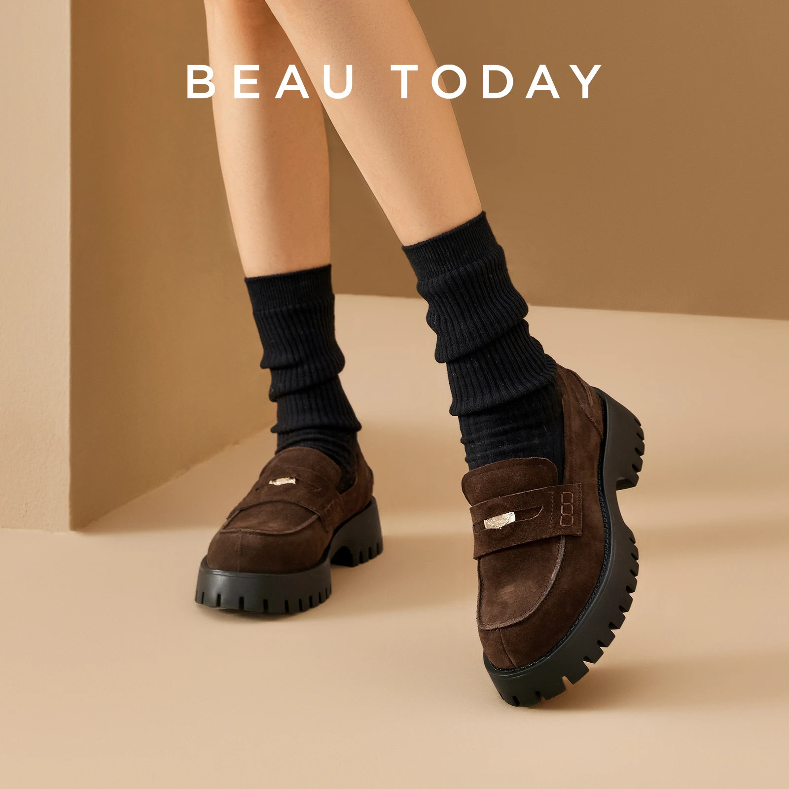 BeauToday Vintage Womens Loafers Cow Suede Leather Platform Shoes Round Toe Metal Penny Slip on Ladies Flats Handmade 26667 251110