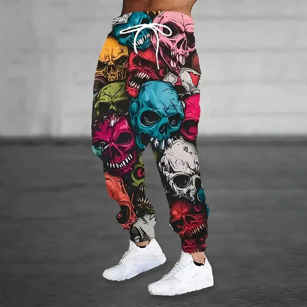 Mens loose pocket drawstring sports sweater winter new item thick and warm mens sports pants fashionable color skull print sports pantsXJ250410