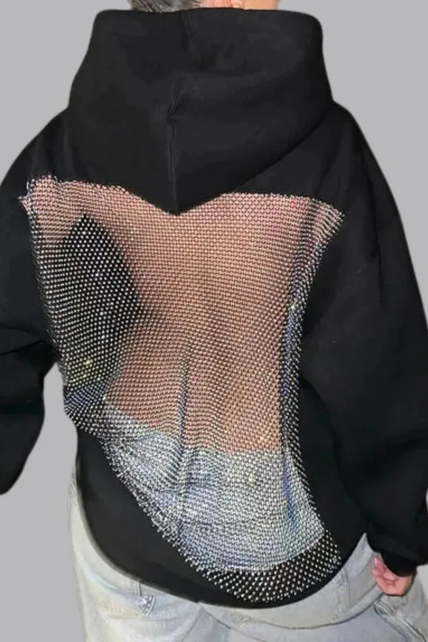 Tassel Mesh Rhinestone Hoodie Y2K Womens Sweet Sexy Transparent Backless Oversized Pullover Fashion Casual Jacket 251106
