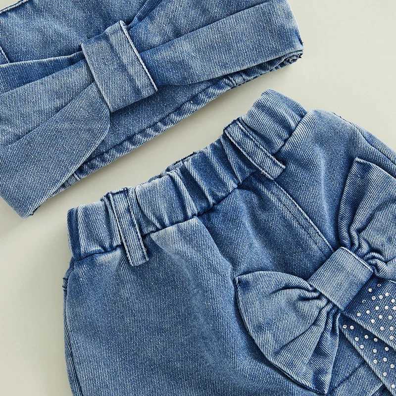 1-5 year girls shorts set retro denim vest with bow shorts summer 2-piece setXJ250410