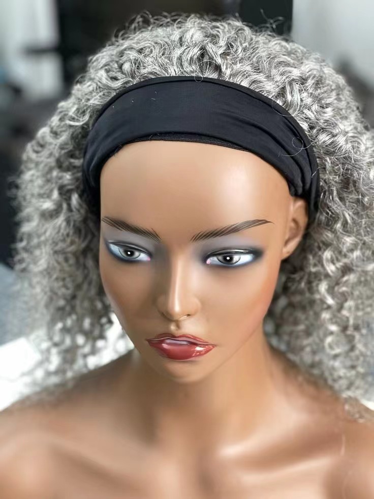 10" tight curl grey headband wig light silver gray human hair salt and pepper natural highlights two tone mixed
