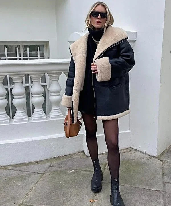 2023 Winter Autumn Women Pu Leather Fur Coat Long Sleeve Lapels Zipper Warm Thick Overcoat Ladies Fashion High Street Outwear 251103