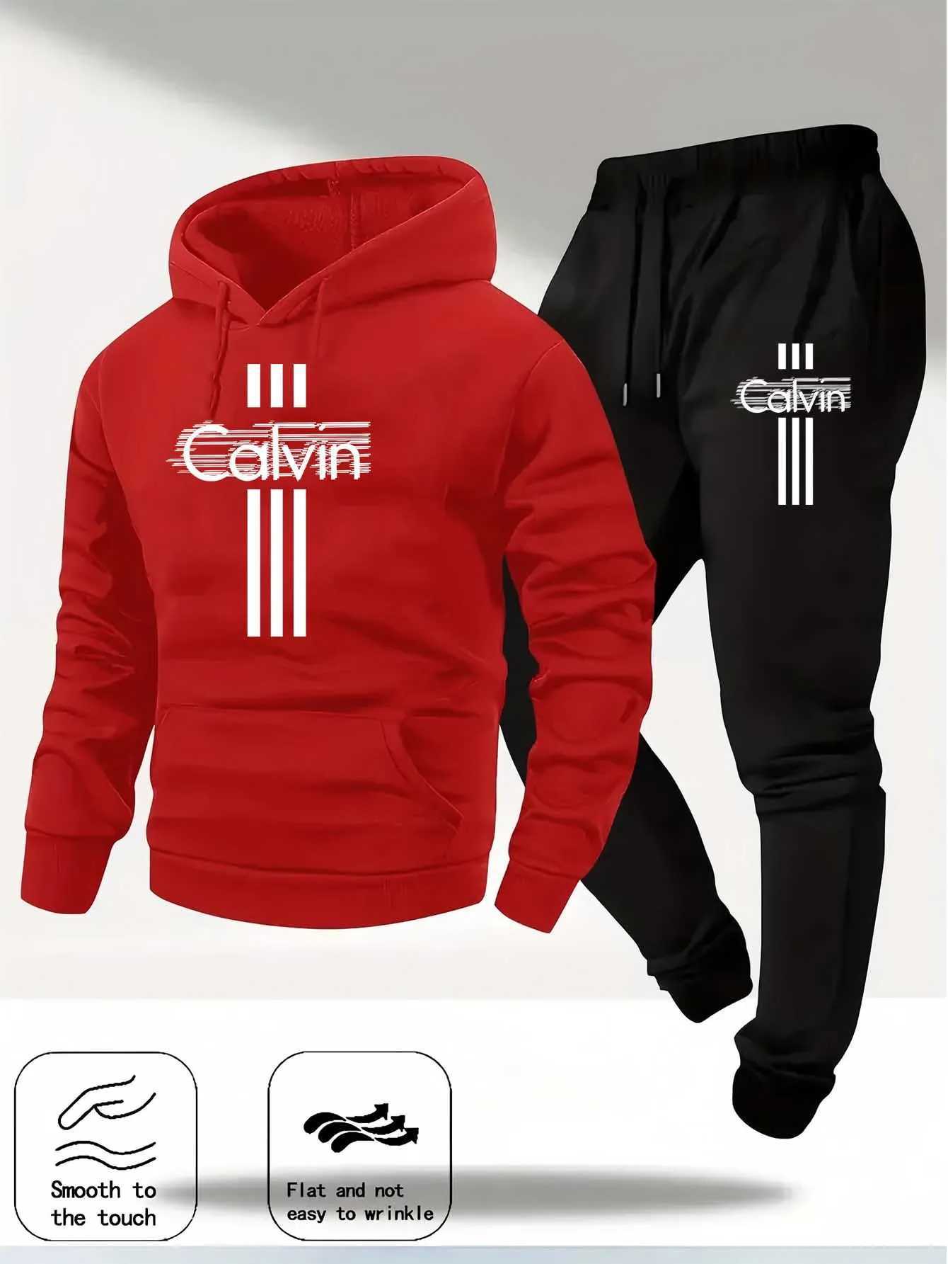 2025 Calvin Printed Mens Long-Sleeved Hooded Sweatshirt Set Casual Sportswear Fashion Trendy Sweater Set tracksuit men hoodiesT251111