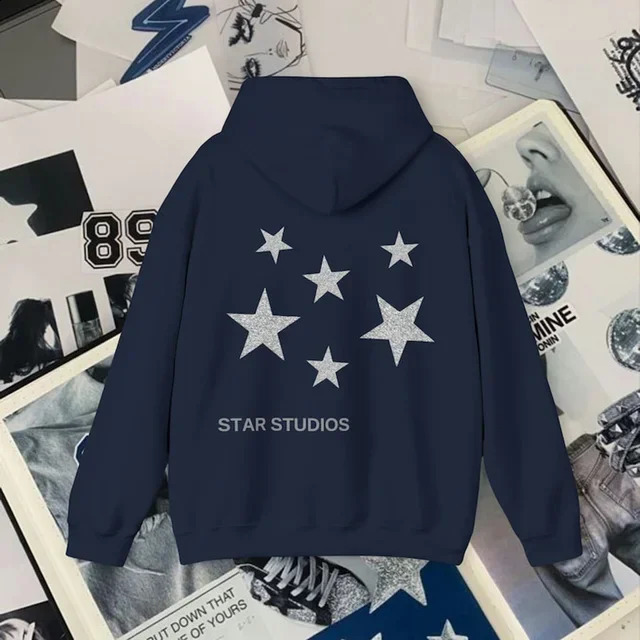 Y2K Hoodie Womens Harajuku Hip Hop Letter Star Graphic Printing Loose Sports Shirt Punk Rock Gothic Top Street Clothing 250314