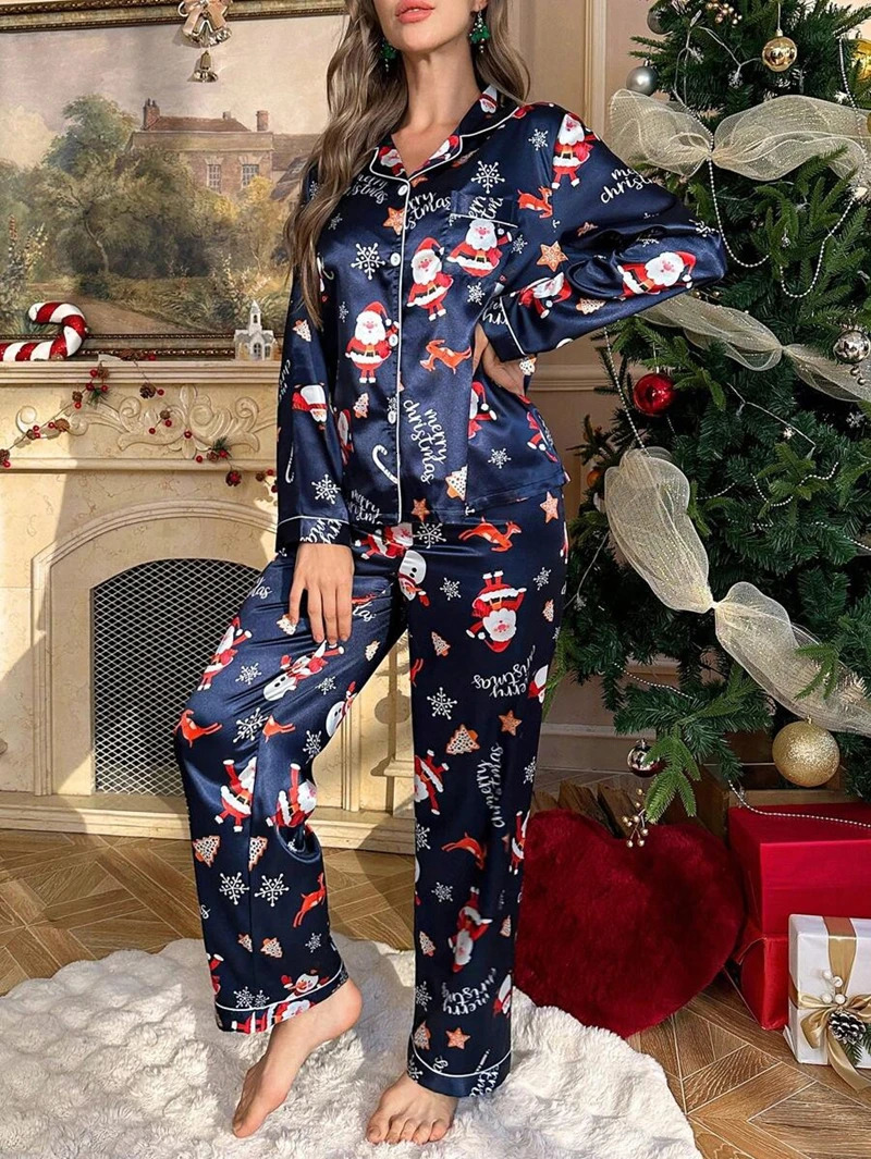 Snowman Print Satin Pajama Set Long-Sleeve Lapel Top And Pants Cute Pattern Soft And Smooth Touch Ideal For Christmas Outfits 251106