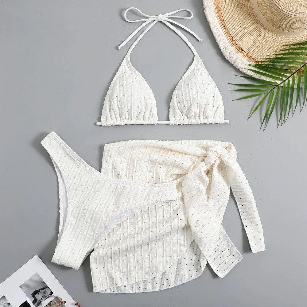 Summer Halter Bikini 3 Pieces Women Special Material Sexy Thong Swimwear With Sarong Skirt WhiteBlackPinkGreen Beachwear 250410