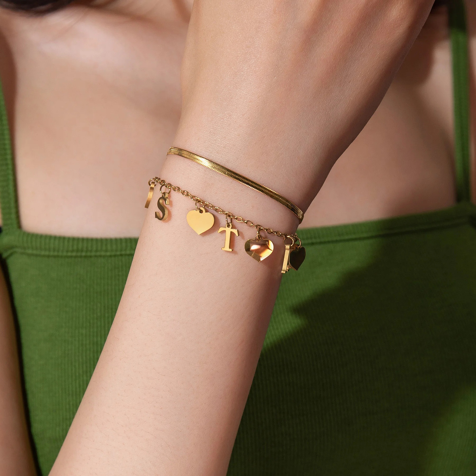 Atoztide personalized customization name bracelet 2-layer heart-shaped star stainless steel letter handmade blade chain bracelet jewelry gift 250408