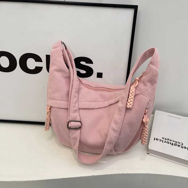 Women Fashion Shoulder Bag Multi-pockets Daily Messenger Bag Adjustable Strap Corduroy Half Moon Bag with Pendant Commuting BagT251110