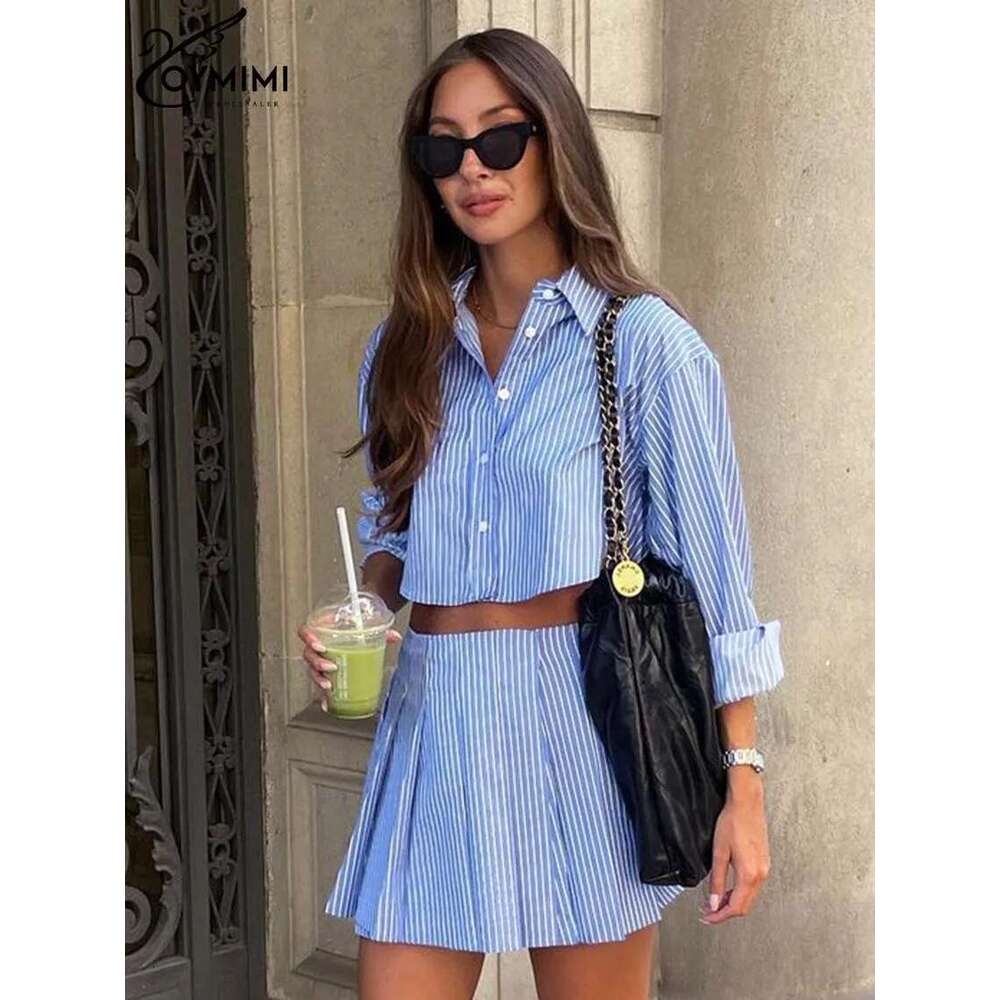Oymimi Elegant Blue Striped Print Sets For Women 2 Pieces Fashion Long Sleeve Button Crop Tops And High Waist Pleated Skirts Set