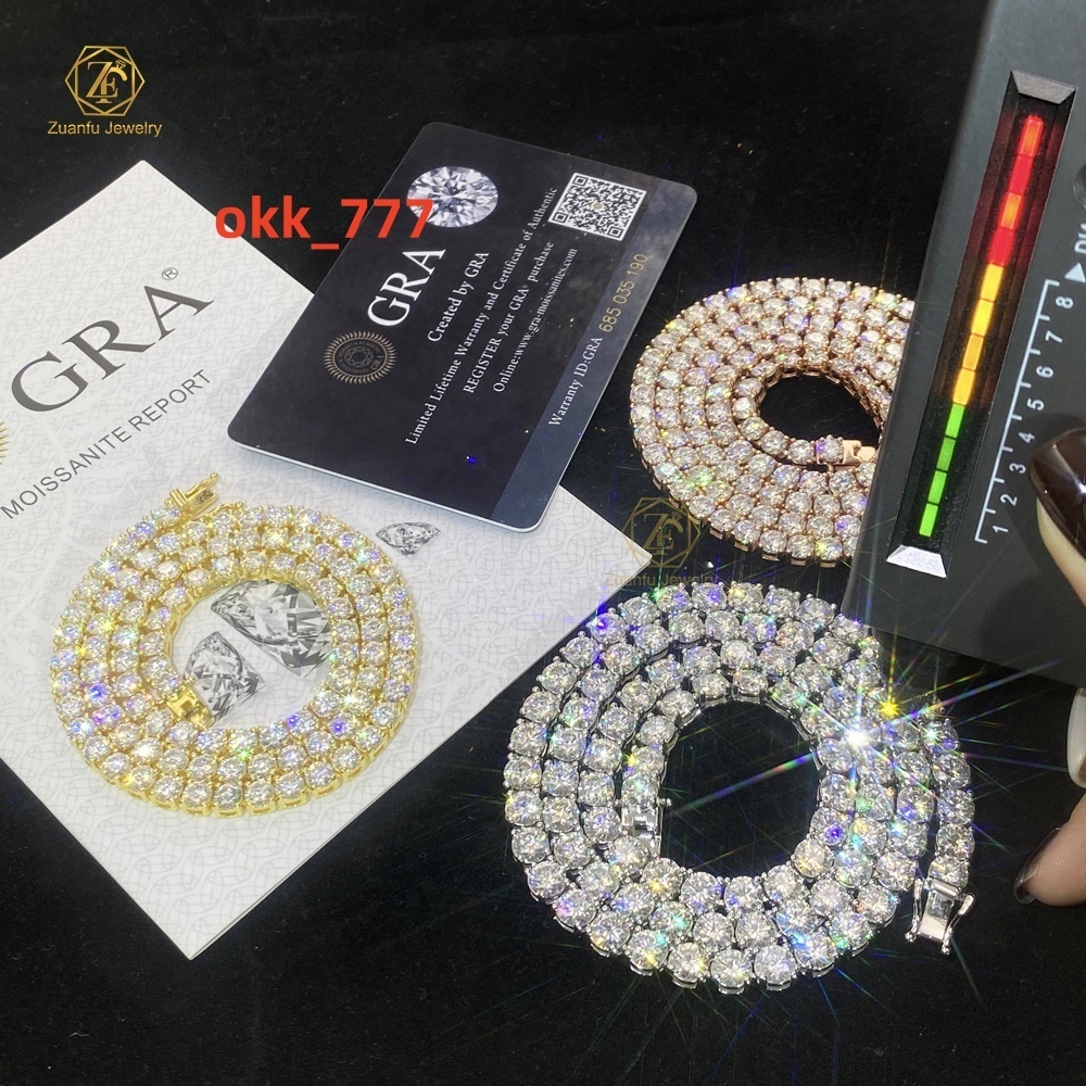 Pass Diamond Tester 925 Silver Tennis Necklace Ice Out Moissanite Chain Hiphop Jewelry Round Cut Moissanite Tennis Chain