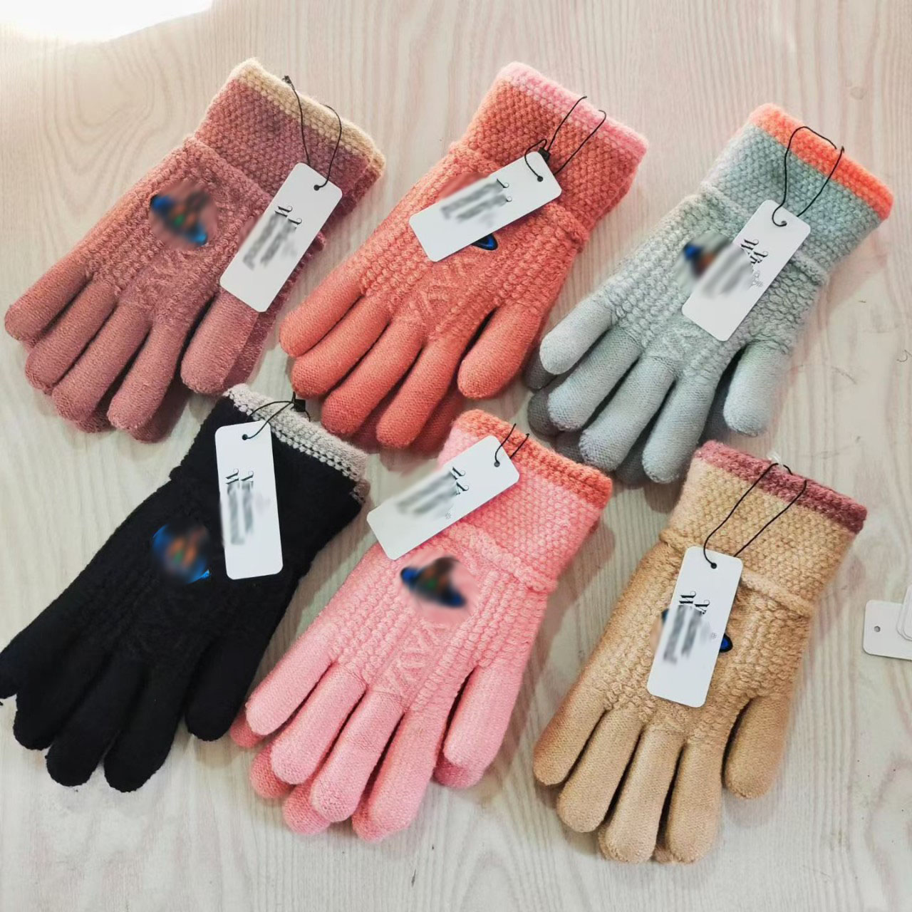 Designer Women's Embroidered Separated-Finger Touchscreen Knit Gloves: Double-Layer Thickened Coral Fleece for Warm Cold Resistance