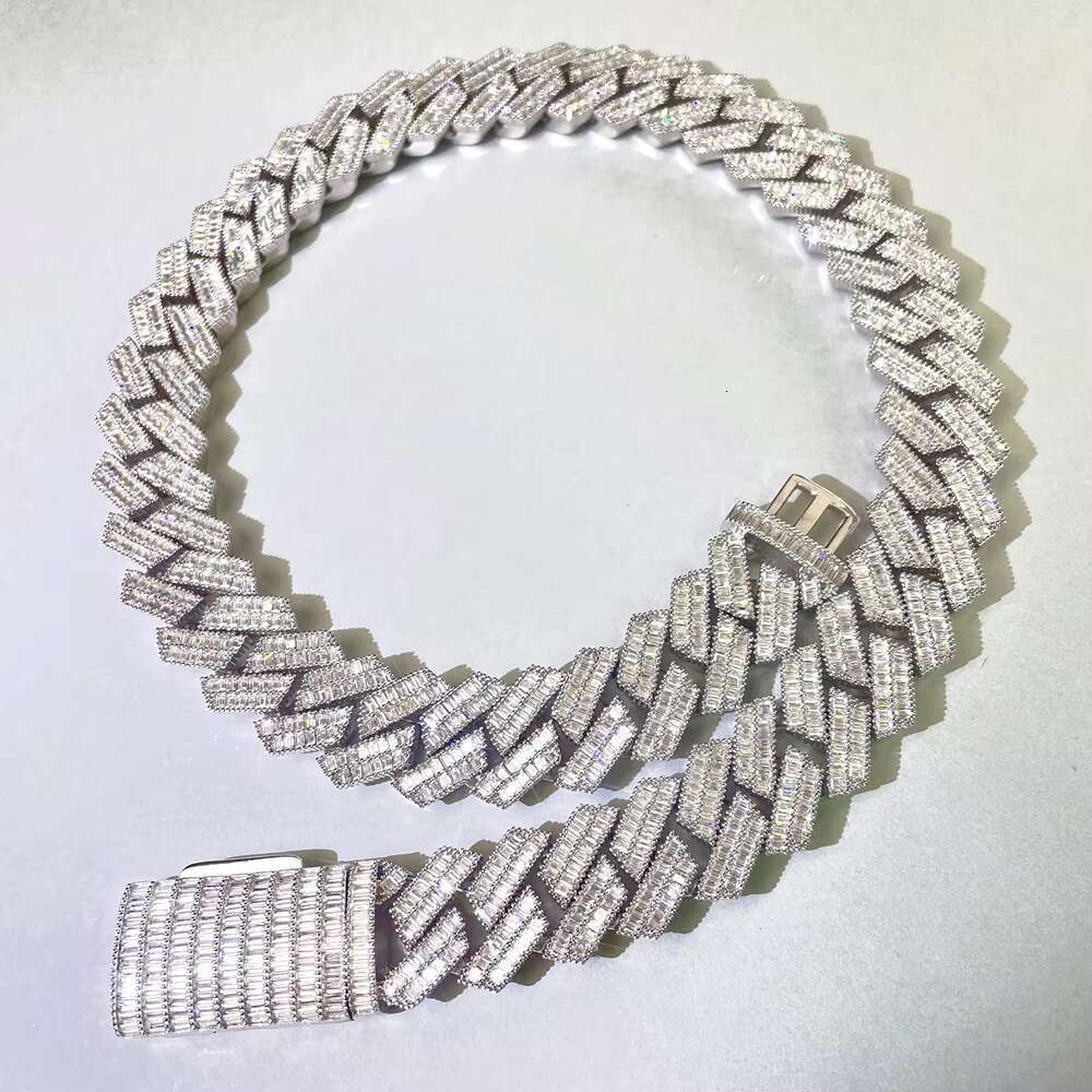 20mm Width 925 Sterling Silver With Vvs Moissanite Pendant Necklace Cuban Link Chain baguette Diamond Luxury Hip Hop Jewelry
