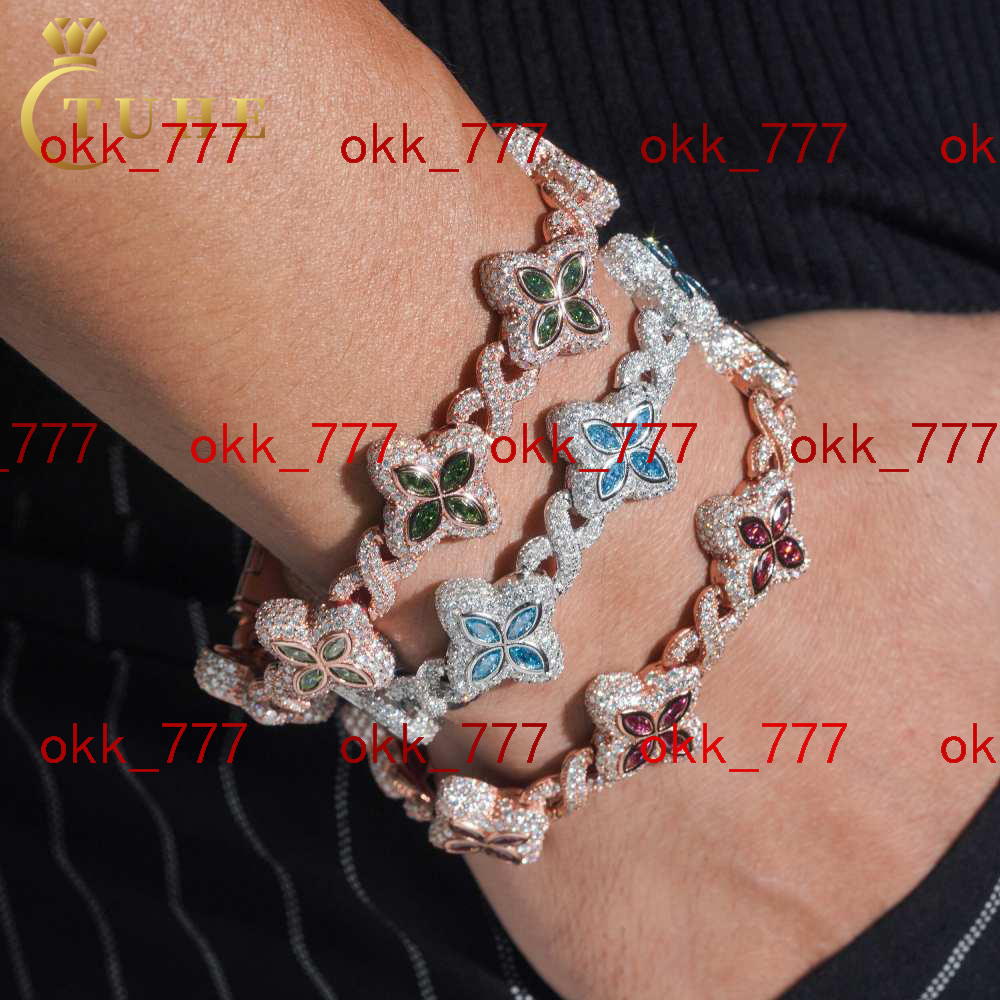 Fashion Hip Hop Jewelry 20mm Rose Gold 925 Sterling Silver Colored Moissanite Diamond Four Leaf Clover Infinity Link Bracelet