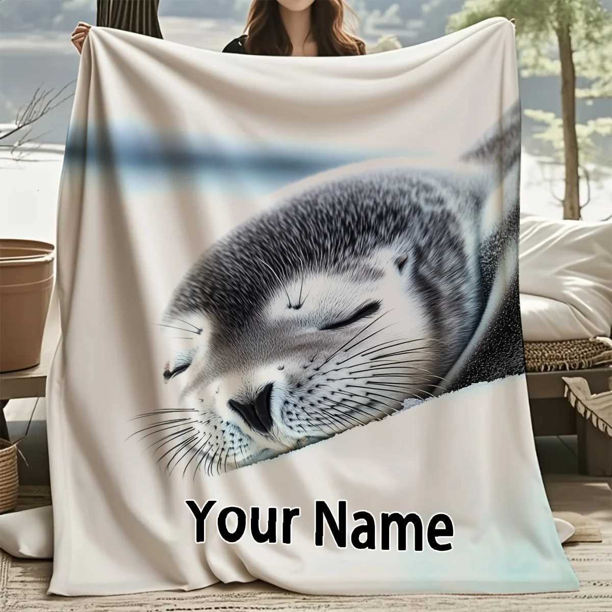 Customized 1pc blanket with seal snow pattern and flannel blanket with customizable text available in multiple C251111