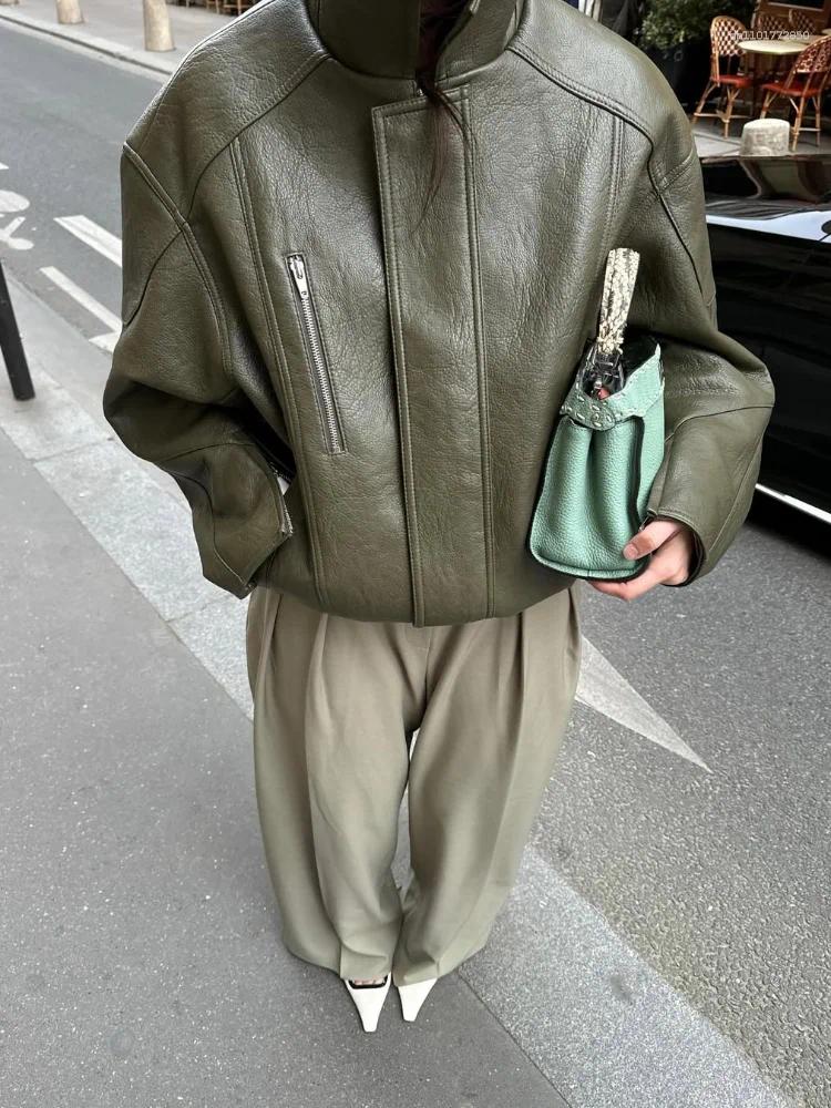 Women's Jackets Army Green Leather Pleated Jacket Vintage Casual Long Sleeved Elastic Waist Zipper Pocket Loose Wear Autumn Daily Coat 2025