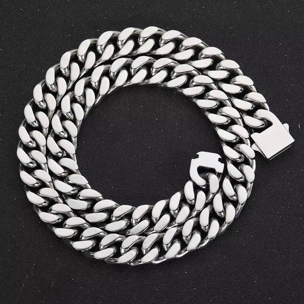 Hip Hop High Polished Stainless Steel Four Sided Grinding Cuban Chain Titanium Steel Spring Clasp Necklaces Fine Jewelry