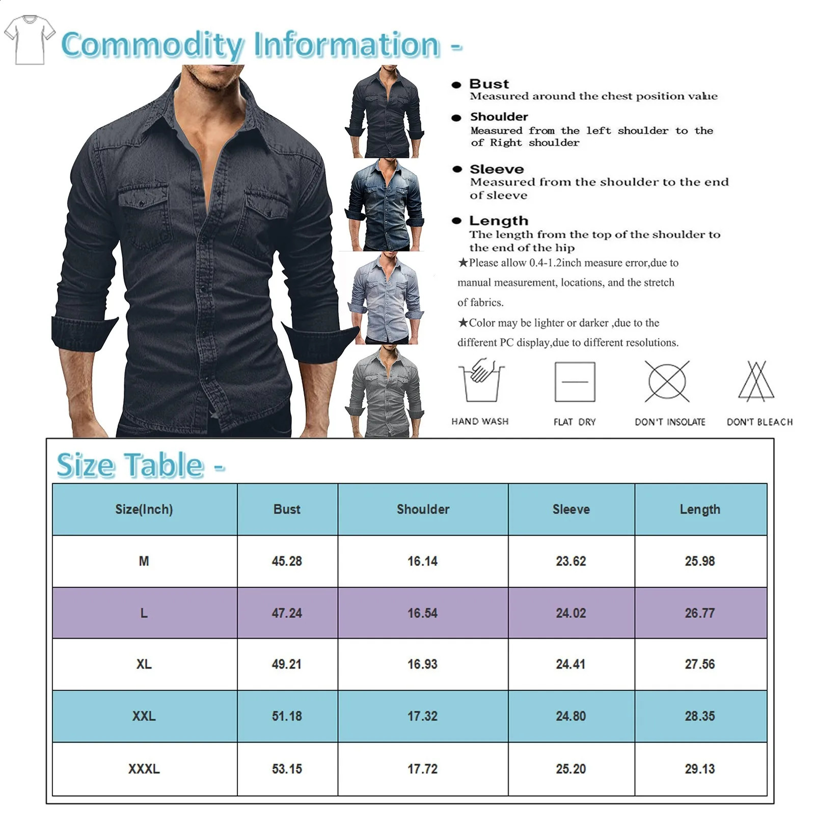 Mens autumn fashion clothing casual long sleeved lapel shirt solid color denim wash mens top 250411e