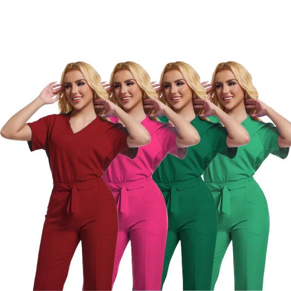 HZMNOI Scrubs Uniform Suit Short Slve V-neck Tops+jogger Pants Set Nursing Women Multicolor Pet Doctor Scrub Medical Workwear X250410