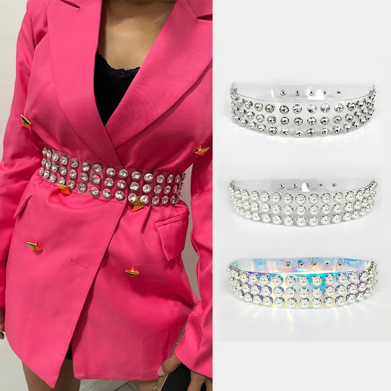 Wide Clearing Pearl Plastic belt for Women rhinestone corset cummerbund Waistband High-End s Y2K Womens belt female 251110